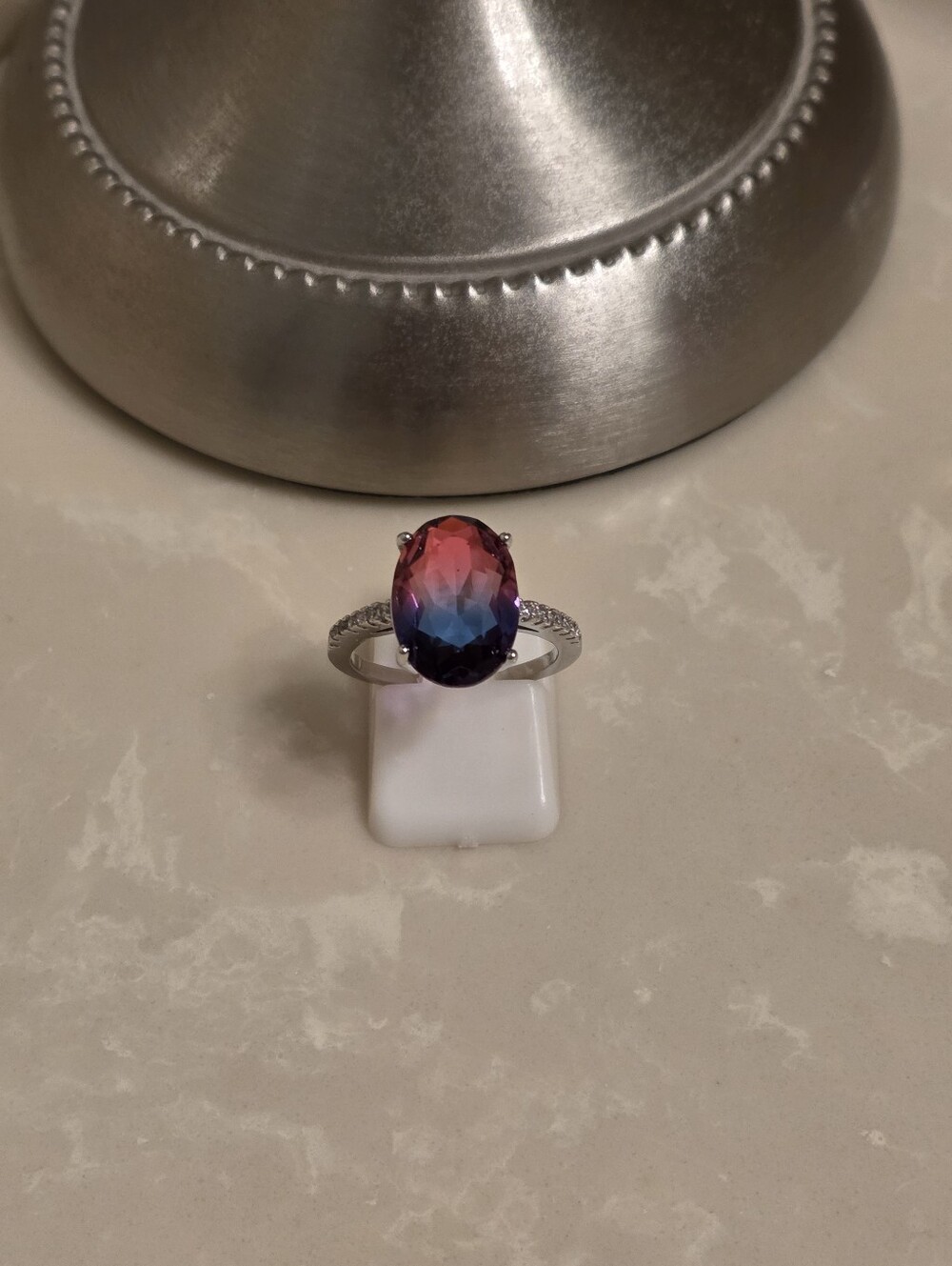 Silver CZ Pink and Blue Ombre Ring Size 7